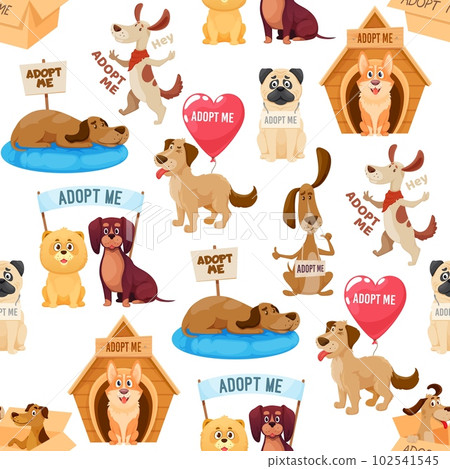 Adopt a dog seamless pattern. Poor puppy help, lost dog shelter or homeless doggy protection wallpaper vector backdrop. Street animal adoption textile pattern or fabric print with cute dog characters 102541545