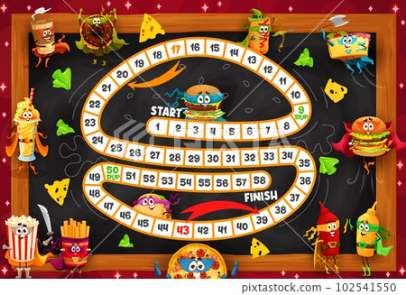 Kids board game. Fast food characters. Child roll and move playing activity, racing game vector worksheet with coffee, donut, cake, pizza and hamburger, hotdog, popcorn, sauce meals hero personages 102541550
