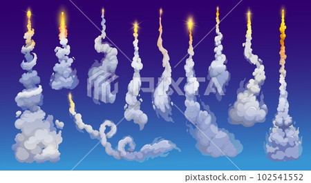 Cartoon rocket smoke trails, spaceship launch fire tail with clouds, vector spaceflight effects. Space rocket start up fire and smoke trails of galaxy shuttle or spacecraft engine and missile blast 102541552