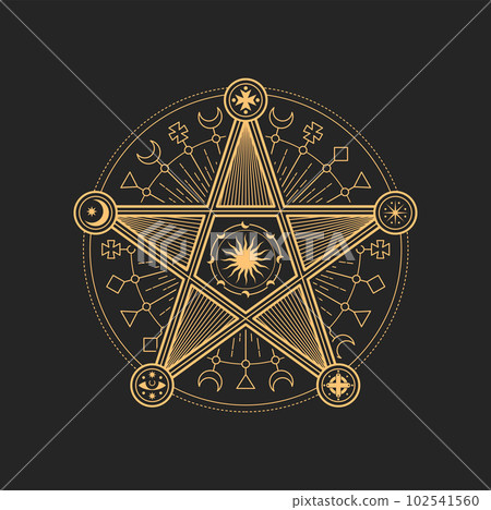 Esoteric and occult pentagram, mason or tarot symbol. Vector sacred star sign with crescent moon, Sun or stars, eye and cross. Astrological amulet, isolated tarot card spiritual magic talisman, emblem 102541560