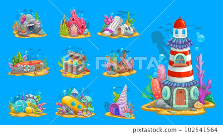Underwater fairytale buildings and dwellings or undersea homes, vector cartoon game assets. Underwater creatures houses of boat submarine in ocean coral reef, sea mermaid or fish dwelling in shell Underwater fairytale buildings and dwellings or undersea homes, vector cartoon game assets. Underwater creatures houses of boat submarine in ocean coral reef, sea mermaid or fish dwelling in shell 102541564