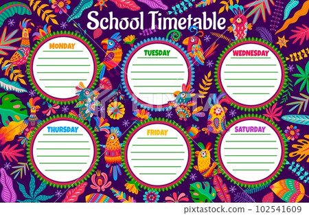 Education timetable schedule. Cartoon parrot birds and jungle flowers. Children study weekly schedule, school lesson daily timetable or planner vector template with funny tropical birds characters Education timetable schedule. Cartoon parrot birds and jungle flowers. Children study weekly schedule, school lesson daily timetable or planner vector template with funny tropical birds characters 102541609