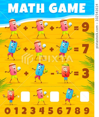 Cartoon vitamin characters on summer beach math game worksheet. Vector mathematics task page with funny B9, B5 and vitamin personages outdoor activities on seaside. Riddle for children education Cartoon vitamin characters on summer beach math game worksheet. Vector mathematics task page with funny B9, B5 and vitamin personages outdoor activities on seaside. Riddle for children education 102541614