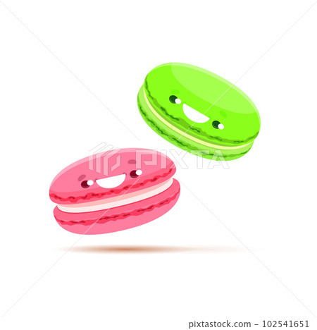Cartoon green and pink macaron characters. French macaroon cake vector personages with cute smiling faces. Funny sweet food and pastry dessert emojis of strawberry and pistachio flavored cookies Cartoon green and pink macaron characters. French macaroon cake vector personages with cute smiling faces. Funny sweet food and pastry dessert emojis of strawberry and pistachio flavored cookies 102541651