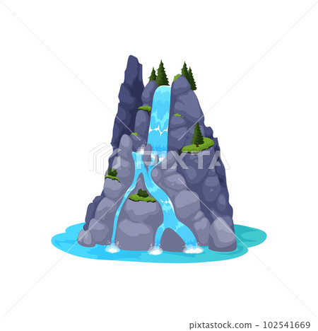 Cartoon waterfall or water cascade of mountain river, vector forest nature landscape. Blue water streams falling over stone hill with splashes, drops and fog. Mountain waterfall with trees and rocks 102541669