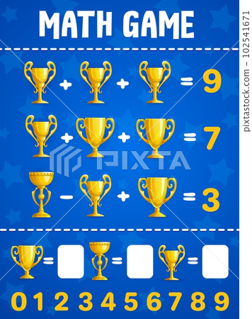 Math game worksheet, cartoon golden cups and sport trophy, vector puzzle. Mathematics education activity for school kids, preschool children count task for numbers calculation skills in math game quiz Math game worksheet, cartoon golden cups and sport trophy, vector puzzle. Mathematics education activity for school kids, preschool children count task for numbers calculation skills in math game quiz 102541671