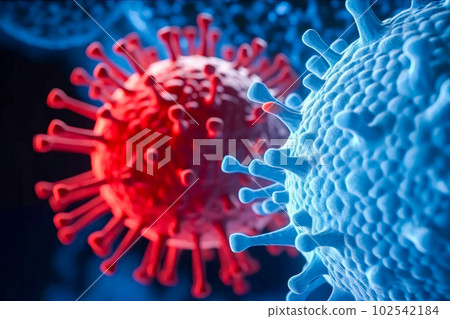 A close-up view of a coronavirus particle with its characteristic spiky surface and spherical shape. Generative Ai 102542184