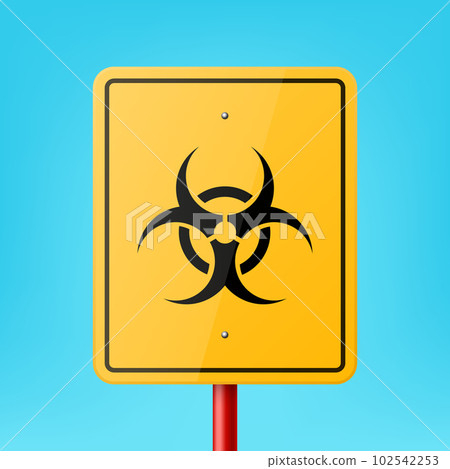 Vector Yellow Rectangular Road Sign Frame with Biohazard, Radiation Sign, Icon, Nuclear Warning Symbol Icon Closeup on Blue Background. Road Pointer Plate Design Template, Front View 102542253