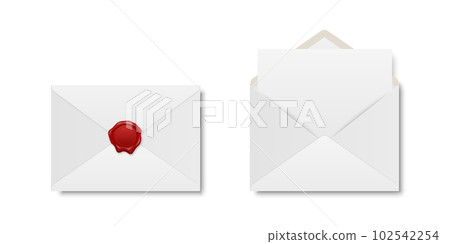 Vector Realistic White Closed Envelope with Red Wax Seal and Opened Envelope with Letter Inside. Folded and Unfolded White Envelope Icon Set Isolated. Message, Alert, Surprise, Secret Concept 102542254