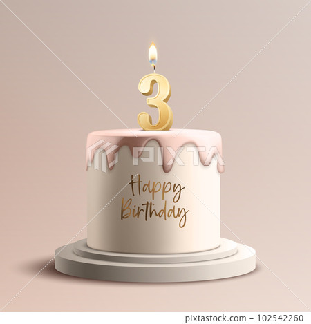 Three Years. Vector Birthday Anniversary Sweet Cake. Greeting Card, Banner with 3d Realistic Burning Golden Birthday Party Candle, Number, Flame. Icon Design Template for Birthday Concept. Front View 102542260