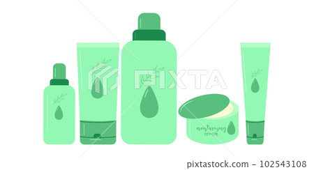 Set of creams of natural care cosmetics. Moisturizing essence. Eco-style. Vector flat illustration. Set of creams of natural care cosmetics. Moisturizing essence. Eco-style. Vector flat illustration. 102543108