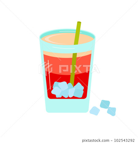Blue crystal ice cubes in a drink. A glass of cold refreshing cocktail. The concept of a summer design of a poster, a banner for a cafe. Vector flat illustration. 102543292