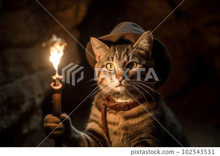 攜帶火炬穿越黑暗洞穴的冒險家貓:AI 工作 攜帶火炬穿越黑暗洞穴的冒險家貓:AI 工作 102543531