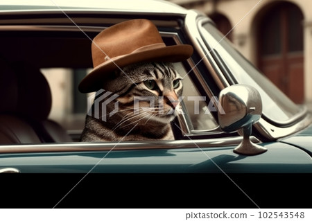 Fashionable cat driving a classic car: AI work 102543548