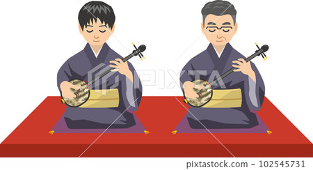 Image illustration of two men sitting and playing sanshin (jiutai) 102545731