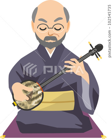 Image illustration of an elderly man sitting and playing Sanshin (Chiyo) Image illustration of an elderly man sitting and playing Sanshin (Chiyo) 102545735