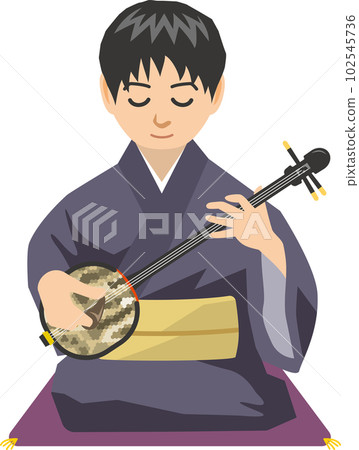 Image illustration of a young man sitting and playing sanshin (jiutai) Image illustration of a young man sitting and playing sanshin (jiutai) 102545736
