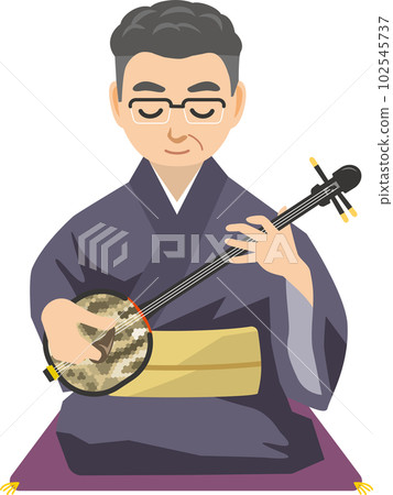坐著玩三線（千代）的中年男子形象插畫 102545737