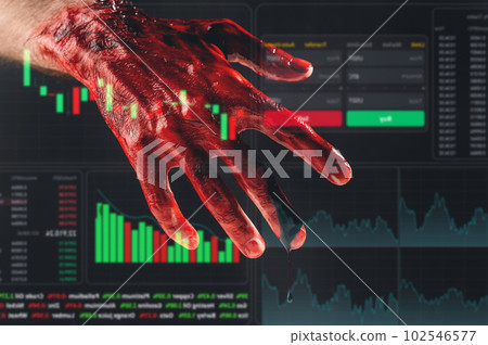 Close-up of a man's palm covered in blood. financial crime. Stock charts on a virtual screen. Close-up of a man's palm covered in blood. financial crime. Stock charts on a virtual screen. 102546577