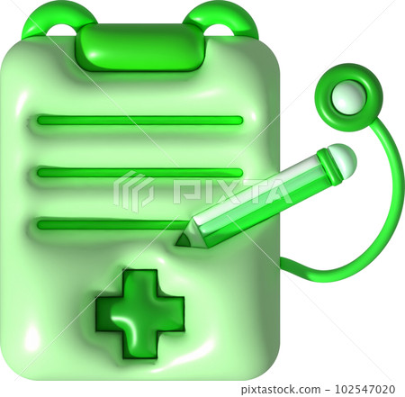 illustration 3d. checklist or patient history with stethoscope. Icon of patient treatment diagnosis information. 102547020