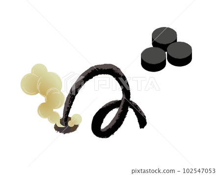 Illustration of snake fireworks burning with smoke before ignition (tablet shape) and after ignition Illustration of snake fireworks burning with smoke before ignition (tablet shape) and after ignition 102547053