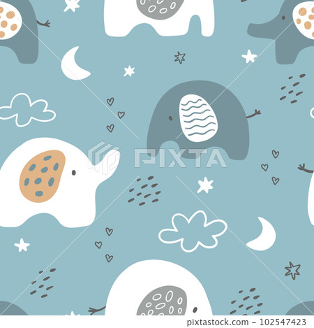 Vector hand-drawn colored childish seamless repeating simple flat pattern with elephants, moon and clouds in Scandinavian style on a white background. Vector hand-drawn colored childish seamless repeating simple flat pattern with elephants, moon and clouds in Scandinavian style on a white background. 102547423