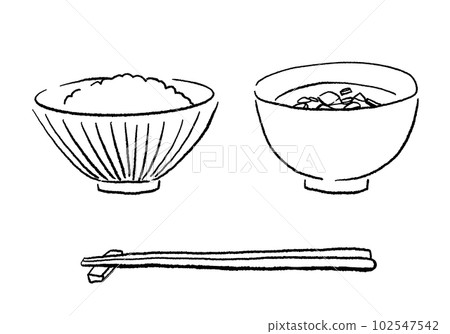 米飯和味噌湯的手寫線條畫插圖 102547542