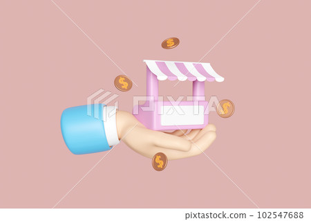 cartoon hands holding store front, coins isolated on pink background. Startup franchise business or loan approval concept, 3d render illustration, clipping path cartoon hands holding store front, coins isolated on pink background. Startup franchise business or loan approval concept, 3d render illustration, clipping path 102547688