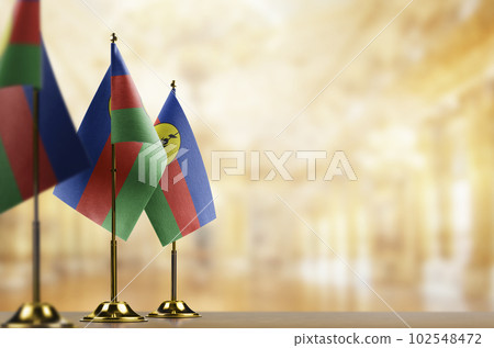 Small flags of the New Caledonia on an abstract blurry background Small flags of the New Caledonia on an abstract blurry background 102548472