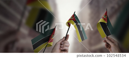 A group of people holding small flags of the Mozambique in their hands 102548534