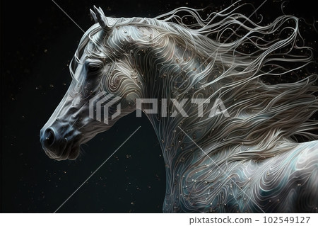An image of an imaginary white horse's head on black background. Wildlife Animals. Illustration. Generative AI. 102549127