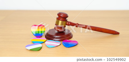 LGBT Law and Pride month concepts. gavel justice hammer with rainbow colorful heart shape for Lesbian, Gay, Bisexual, Transgender, Queer, Intersex, Asexual, Agender, Non Binary, Two Spirit, Pansexual 102549902