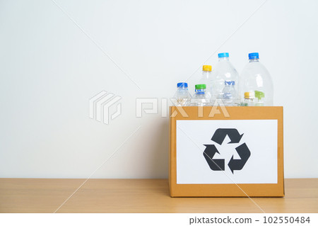 Plastic bottle in paper box at home or office. Recycle garbage Sorting. Plastic Free, Ecology, Environmental, pollution, Dispose recycling, waste management and trash Separation concept 102550484