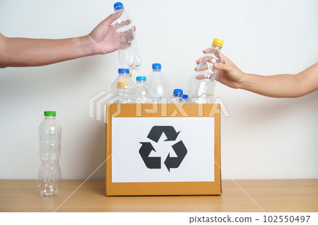 Volunteer keep plastic bottle into paper box at home or office. Hand Sorting Recycle garbage. Ecology, Environmental, pollution, Dispose recycling, waste management and trash Separation concept Volunteer keep plastic bottle into paper box at home or office. Hand Sorting Recycle garbage. Ecology, Environmental, pollution, Dispose recycling, waste management and trash Separation concept 102550497