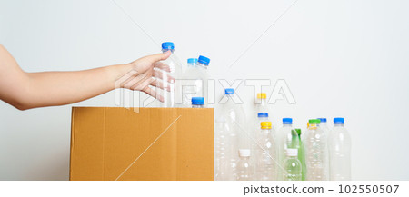 Volunteer keep plastic bottle into paper box at home or office. Hand Sorting Recycle garbage. Ecology, Environmental, pollution, Dispose recycling, waste management and trash Separation concept 102550507