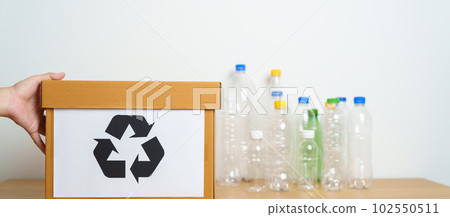 Volunteer keep plastic bottle into paper box at home or office. Hand Sorting Recycle garbage. Ecology, Environmental, pollution, Dispose recycling, waste management and trash Separation concept 102550511