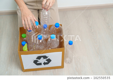 Volunteer keep plastic bottle into paper box at home or office. Hand Sorting Recycle garbage. Ecology, Environmental, pollution, Dispose recycling, waste management and trash Separation concept 102550535