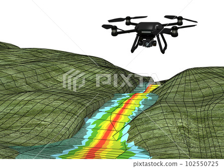 3DCG images of drones and river flows, topography, 3D dangerous areas, 3D survey data, etc. (with wires) 102550725