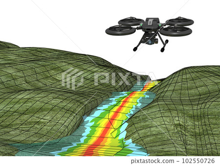3DCG images of drones and river flows, topography, 3D dangerous areas, 3D survey data, etc. (with wires) 102550726