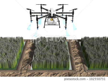 農業無人機在水田中的利用、農藥噴灑（3DCG 圖像） 102550731