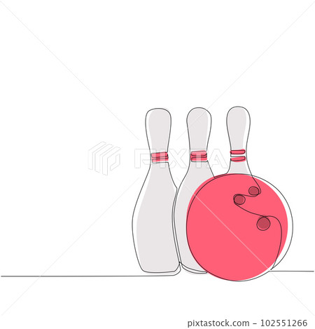 Single one line drawing bowling ball and pins. Sports equipment. Bowling sport game. Ball crashing pins. Strike bowling leisure concept. Modern continuous line draw design graphic vector illustration Single one line drawing bowling ball and pins. Sports equipment. Bowling sport game. Ball crashing pins. Strike bowling leisure concept. Modern continuous line draw design graphic vector illustration 102551266
