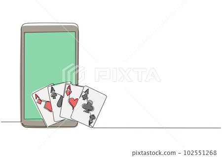 Continuous one line drawing smartphone and set of four aces playing cards suits. Winning poker hand. Set of hearts, spades, clubs and diamonds ace. Single line draw design vector graphic illustration Continuous one line drawing smartphone and set of four aces playing cards suits. Winning poker hand. Set of hearts, spades, clubs and diamonds ace. Single line draw design vector graphic illustration 102551268