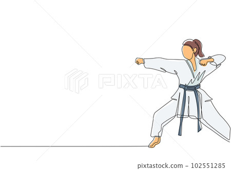 Continuous one line drawing young confident karateka woman in kimono practicing karate punch combat at dojo gym center. Mastering martial art sport concept. Single line draw design vector illustration 102551285