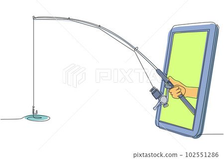Continuous one line drawing fisherman hand holds fishing rod through mobile phone. Smartphone with app fishing games. Mobile sports stream championship. Single line draw design vector illustration 102551286