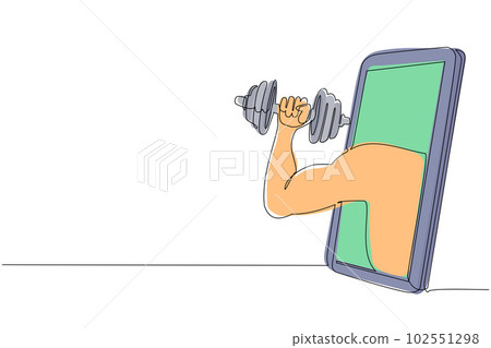 Single one line drawing bodybuilder hand holds dumbbell through mobile phone. Smartphone with fitness games app. Mobile sports stream championship. Modern continuous line draw design graphic vector Single one line drawing bodybuilder hand holds dumbbell through mobile phone. Smartphone with fitness games app. Mobile sports stream championship. Modern continuous line draw design graphic vector 102551298