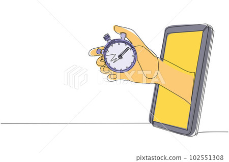 Single continuous line drawing trainer hand holds stopwatch through mobile phone. Smartphone with training sport app. Mobile sport stream championship. One line draw graphic design vector illustration Single continuous line drawing trainer hand holds stopwatch through mobile phone. Smartphone with training sport app. Mobile sport stream championship. One line draw graphic design vector illustration 102551308