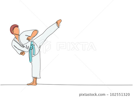 Continuous one line drawing young sporty taekwondo man doing kick pose in fight uniform with belt exercising martial art at gym. Healthy sport lifestyle concept. Single line draw design vector graphic Continuous one line drawing young sporty taekwondo man doing kick pose in fight uniform with belt exercising martial art at gym. Healthy sport lifestyle concept. Single line draw design vector graphic 102551320