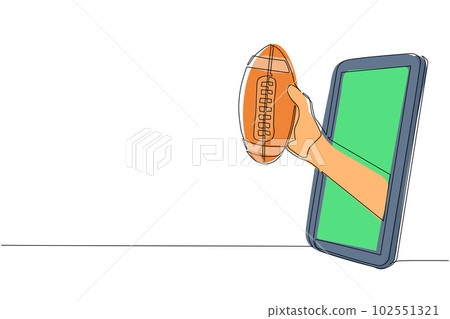 Continuous one line drawing player hand holds american football ball through mobile phone. Smartphone with app american football. Mobile sports stream championship. Single line draw design vector 102551321
