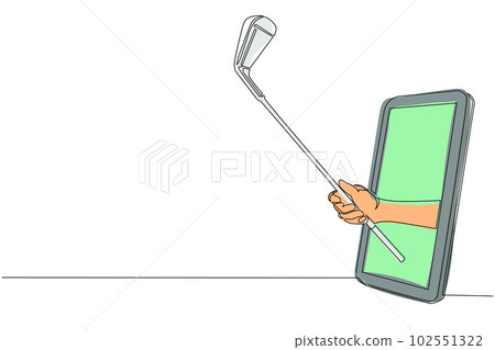 Single continuous line drawing golfer hand holds stick golf through mobile phone. Smartphone with golf games app. Mobile sports stream championship. One line draw graphic design vector illustration Single continuous line drawing golfer hand holds stick golf through mobile phone. Smartphone with golf games app. Mobile sports stream championship. One line draw graphic design vector illustration 102551322