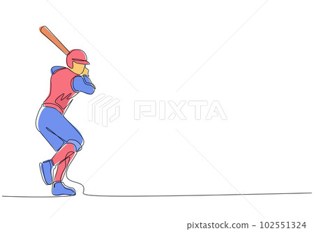 Continuous one line drawing young agile man baseball player ready to hit the ball. Baseball league professional tournament. Sport exercise healthy concept. Single line draw design vector illustration Continuous one line drawing young agile man baseball player ready to hit the ball. Baseball league professional tournament. Sport exercise healthy concept. Single line draw design vector illustration 102551324